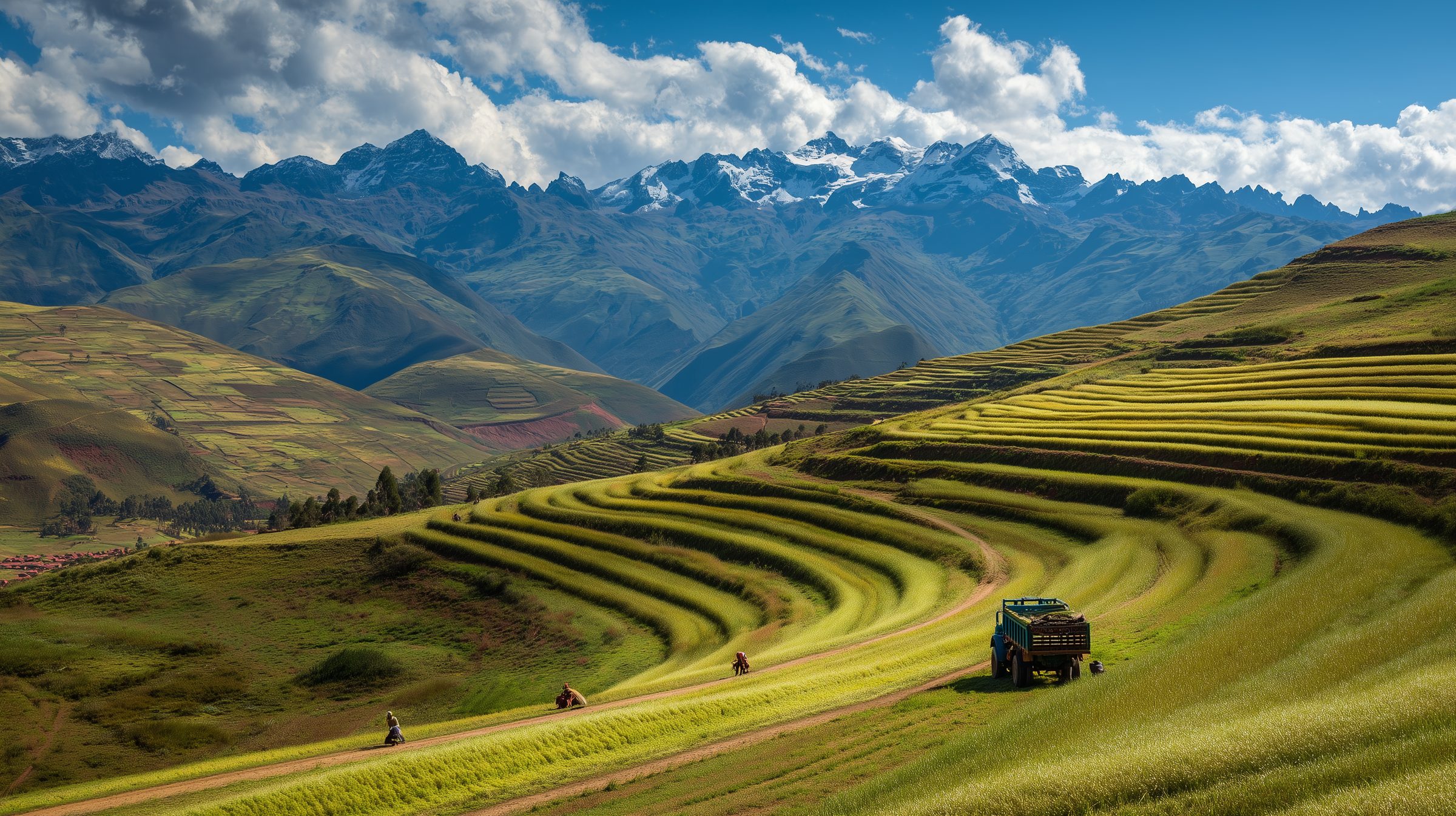 Terraced green fields on Andean mountainsides with a farm truck on the road