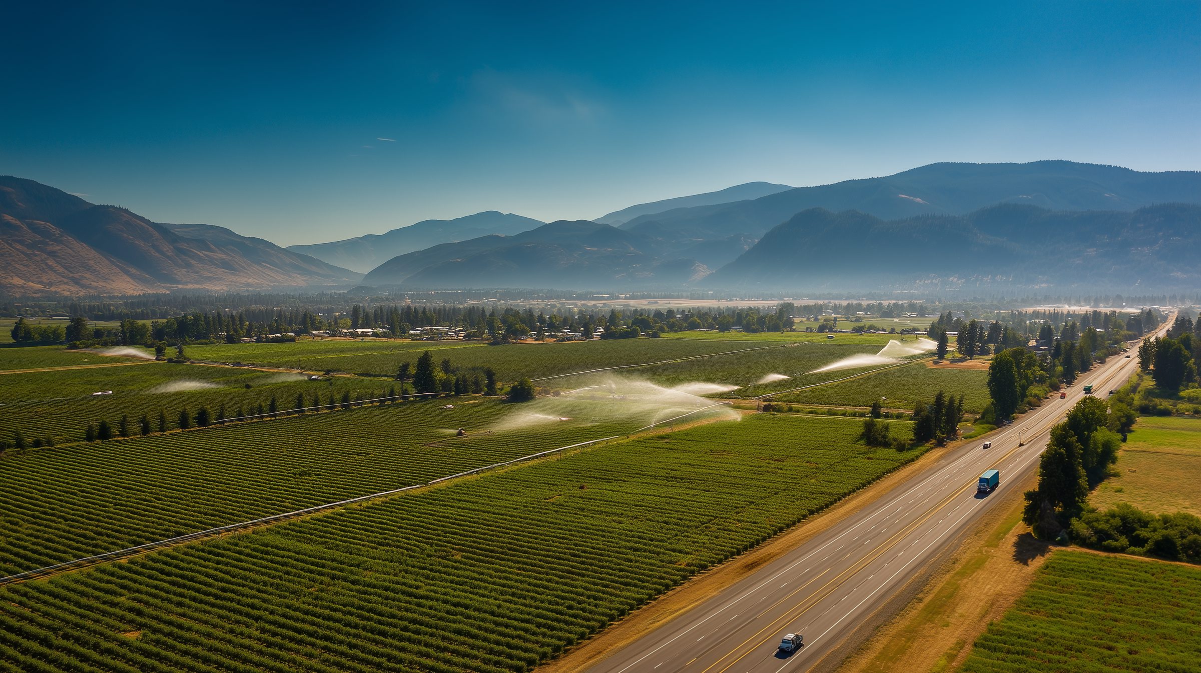 A wide valley of farms with irrigation running and mountains on the horizon