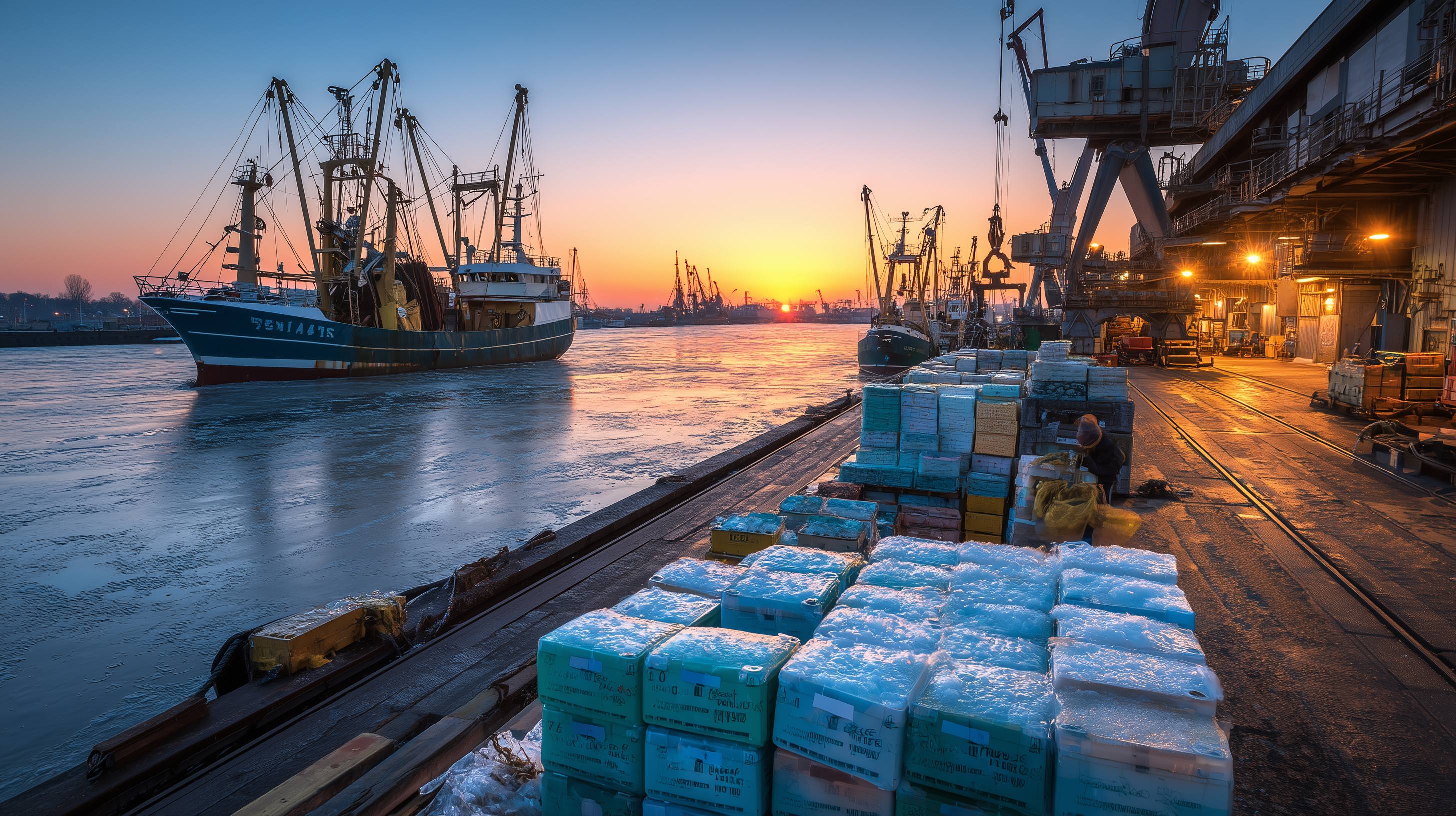 A boat crane lifting insulated seafood totes onto a sunny quay